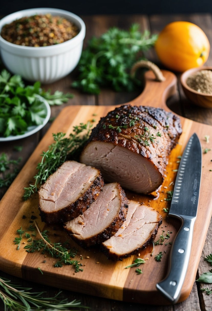 A rustic wooden cutting board with slices of tender, smoked brisket surrounded by herbs and spices