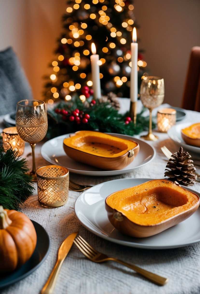 A cozy holiday table with a roasted butternut squash dish surrounded by festive decorations and warm lighting