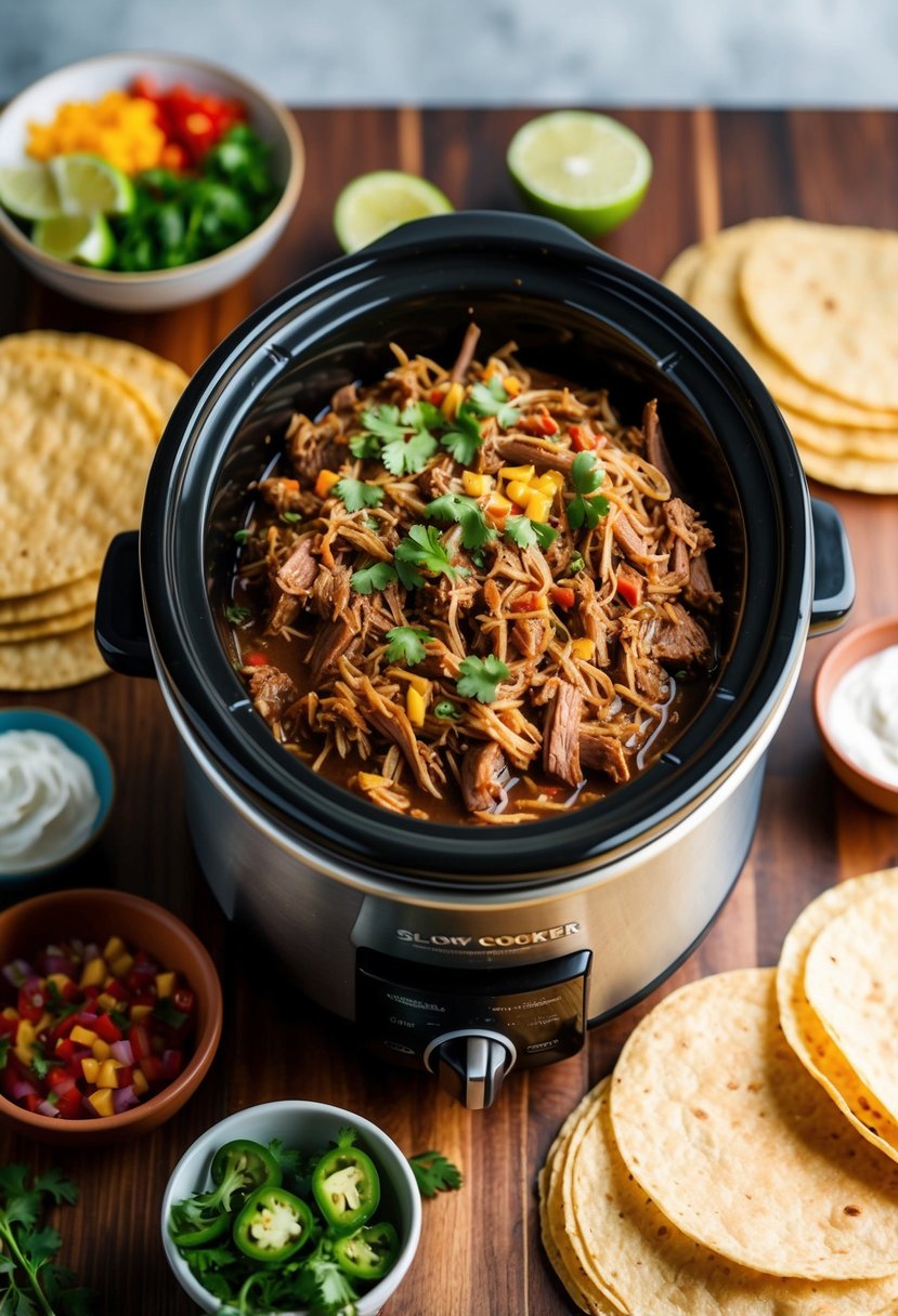 A bubbling slow cooker filled with tender, shredded beef surrounded by colorful taco toppings and warm tortillas