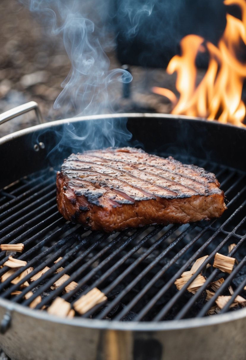 A smoky grill with a perfectly cooked brisket, surrounded by wood chips and a hint of flame