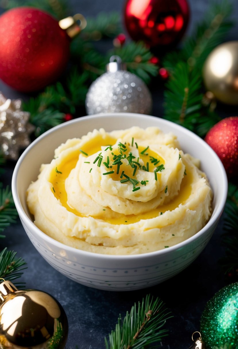 A bowl of creamy garlic mashed potatoes surrounded by festive holiday decorations