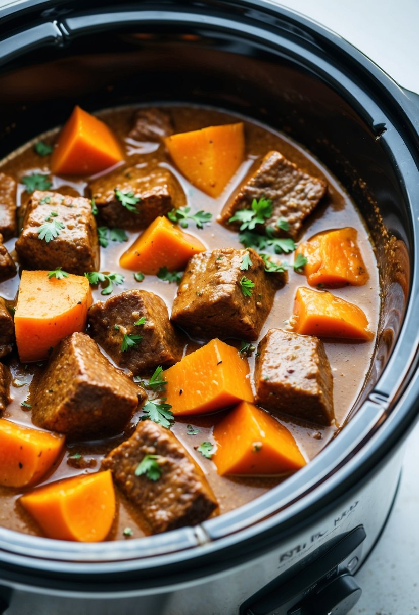 A simmering slow cooker filled with chunks of beef, sweet potatoes, and aromatic curry sauce