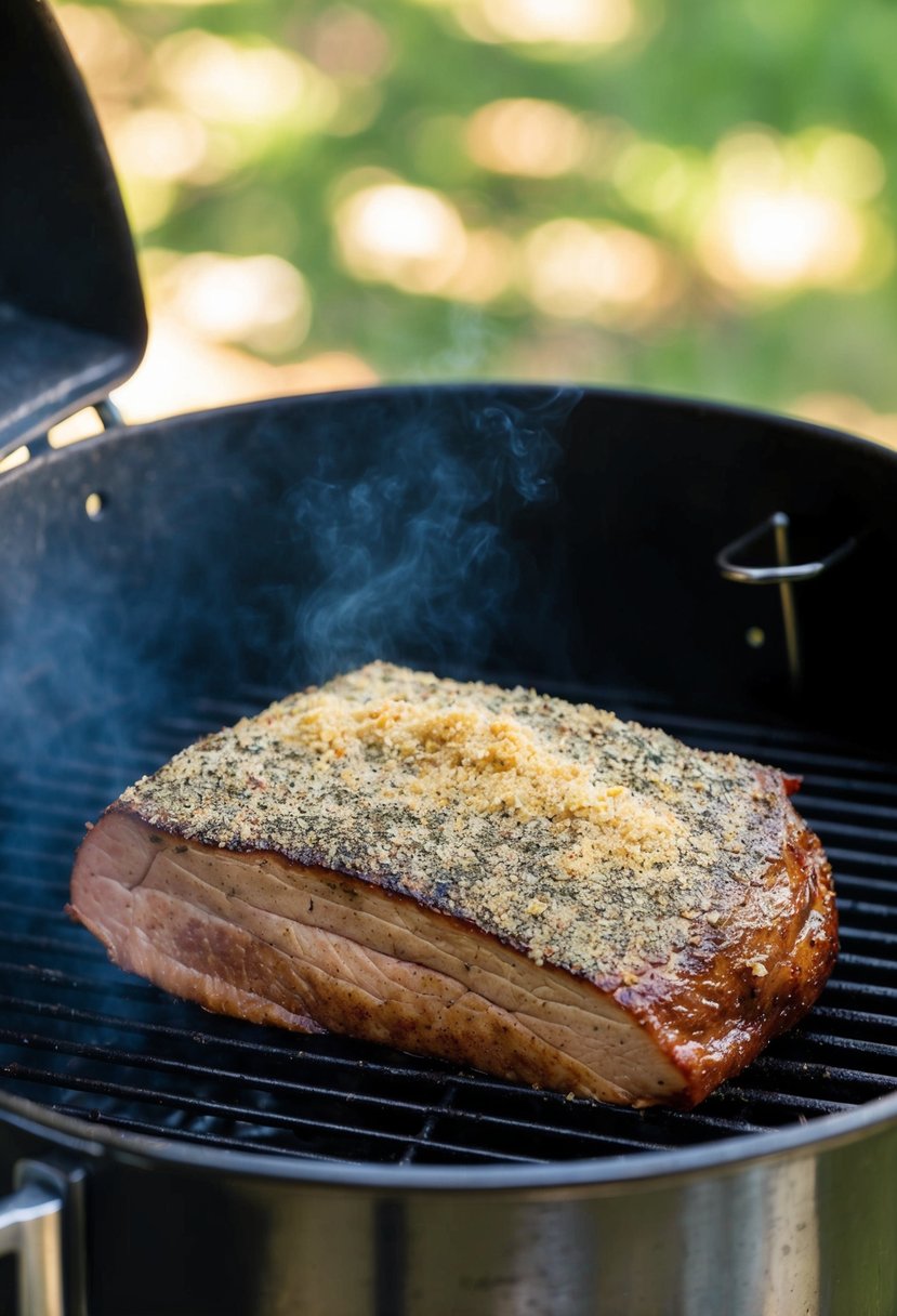 A brisket covered in pepper and garlic powder sits on a smoker grill