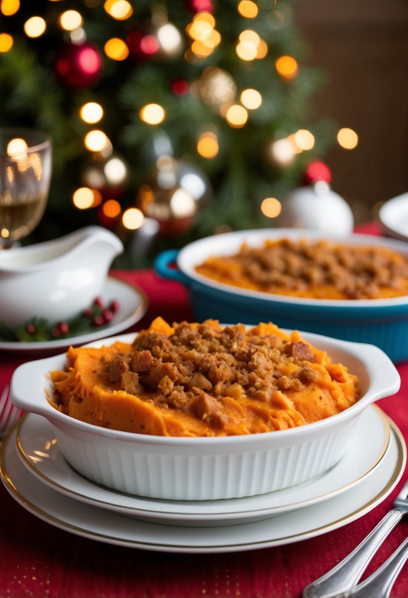 A festive holiday table with a steaming dish of Ruth's Chris Sweet Potato Casserole as the centerpiece