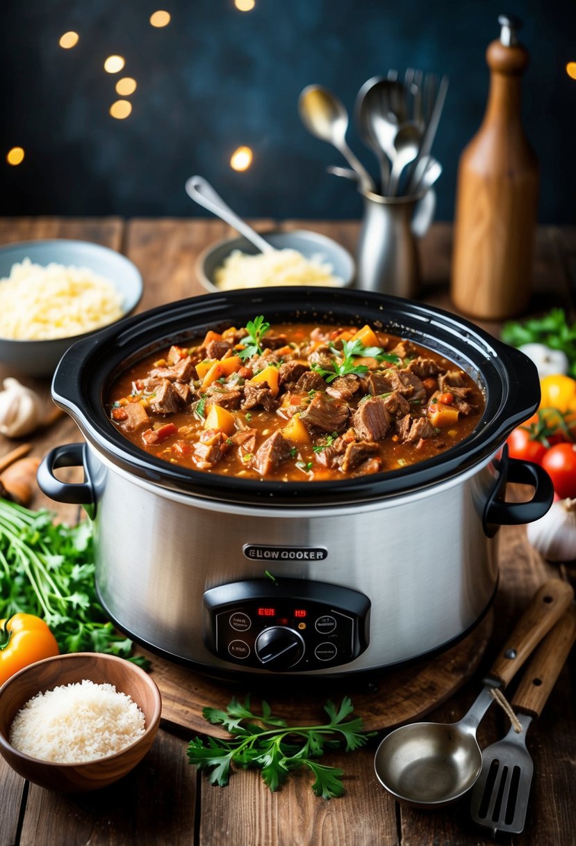 A bubbling slow cooker filled with hearty Italian beef ragu, surrounded by rustic kitchen utensils and fresh ingredients