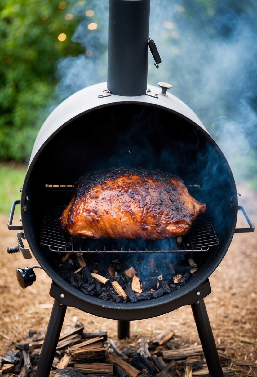 A large smoker filled with brisket cooking over a bed of smoldering wood chips