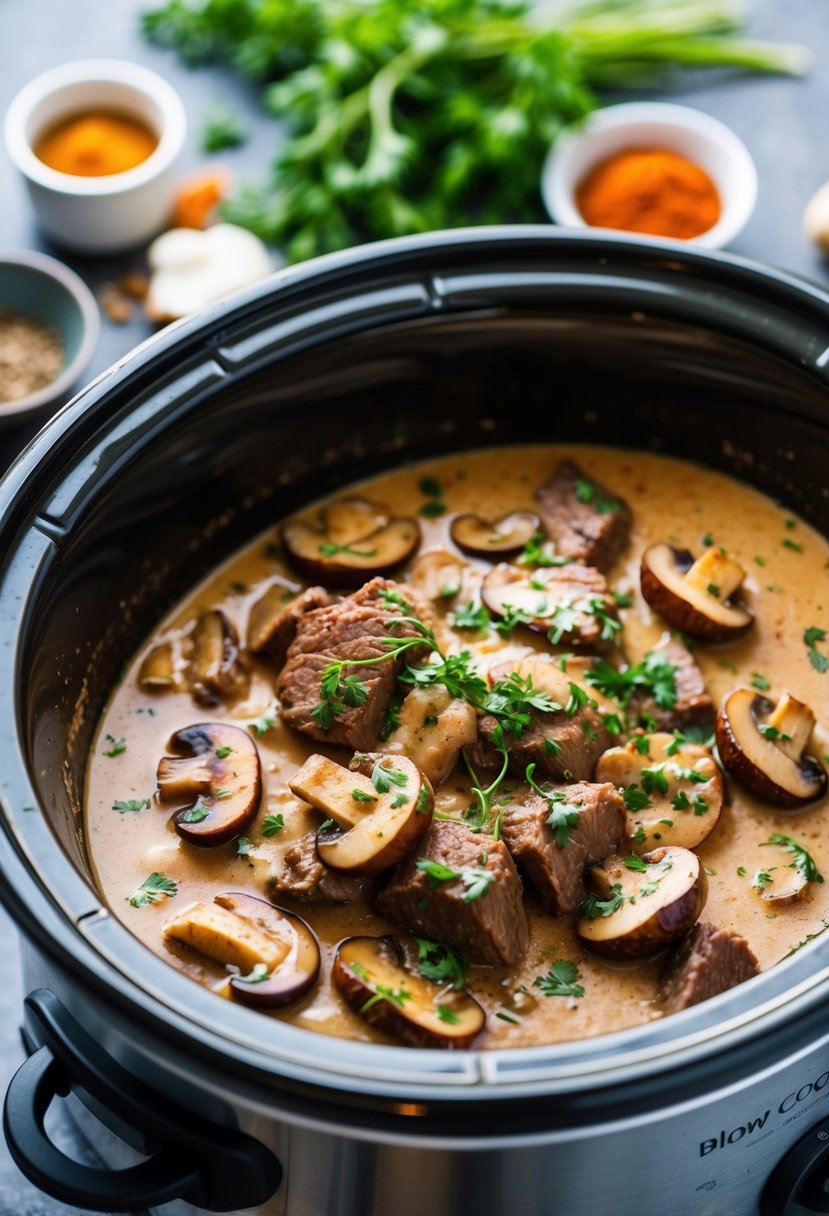 A bubbling slow cooker filled with tender beef, savory mushrooms, and creamy sauce, surrounded by fresh herbs and spices