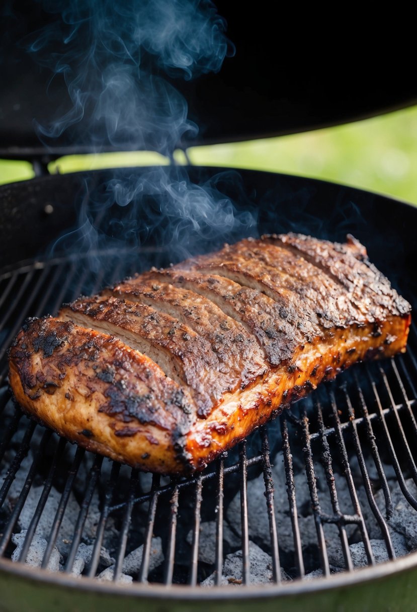 A large, smoky brisket sizzling on a grill, surrounded by a crusty exterior and emitting a mouthwatering aroma