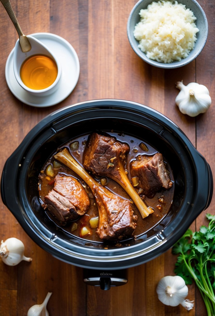 A slow cooker filled with honey garlic beef shanks simmering in savory sauce. Onions and garlic surround the meat, adding depth to the aroma