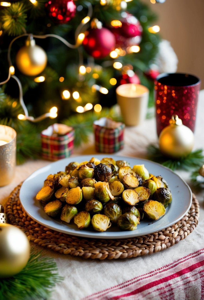 A festive table set with a platter of golden roasted Brussels sprouts, surrounded by holiday decorations and twinkling lights