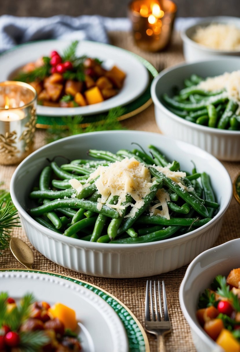 A festive table setting with a serving dish of green beans topped with Parmesan cheese, surrounded by other holiday dishes