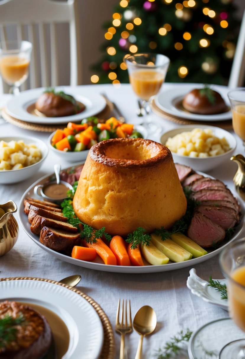 A festive dining table with a golden-brown Yorkshire pudding centerpiece surrounded by roast meats, vegetables, and gravy