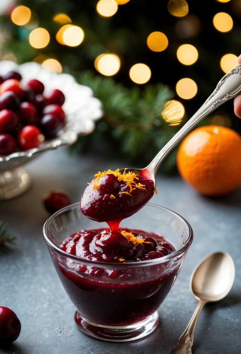 A silver spoon swirls cranberry sauce with orange zest in a glass bowl on a festive table