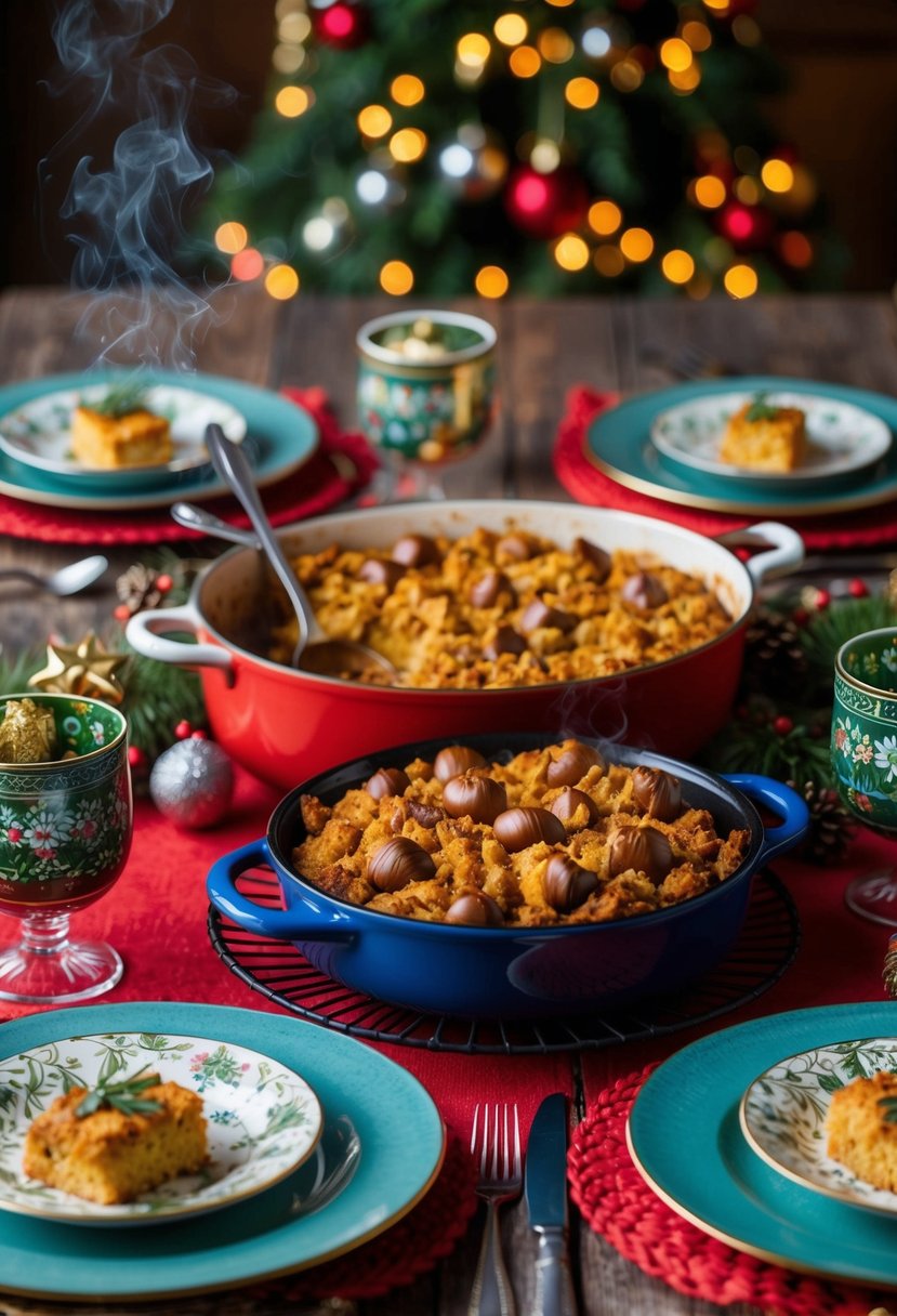 A rustic kitchen table set with a steaming dish of chestnut stuffing surrounded by festive dinnerware and holiday decorations