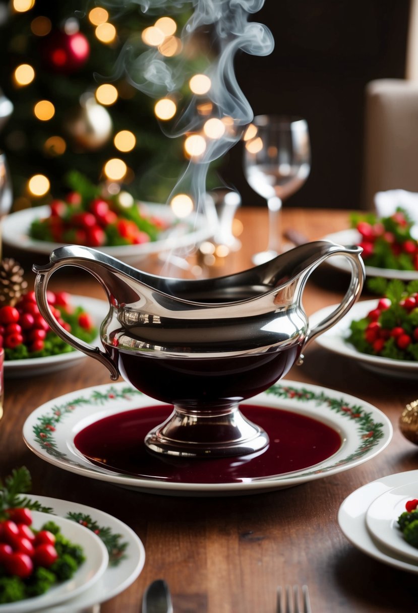 A steaming gravy boat with red wine base, surrounded by festive holiday dinner dishes