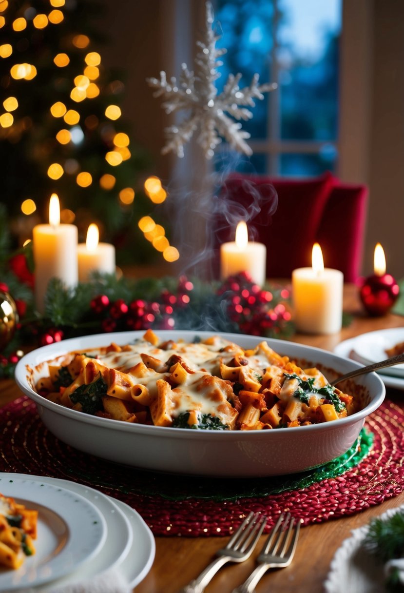 A festive dining table with a steaming dish of baked ziti and spinach, surrounded by holiday decorations and glowing candlelight