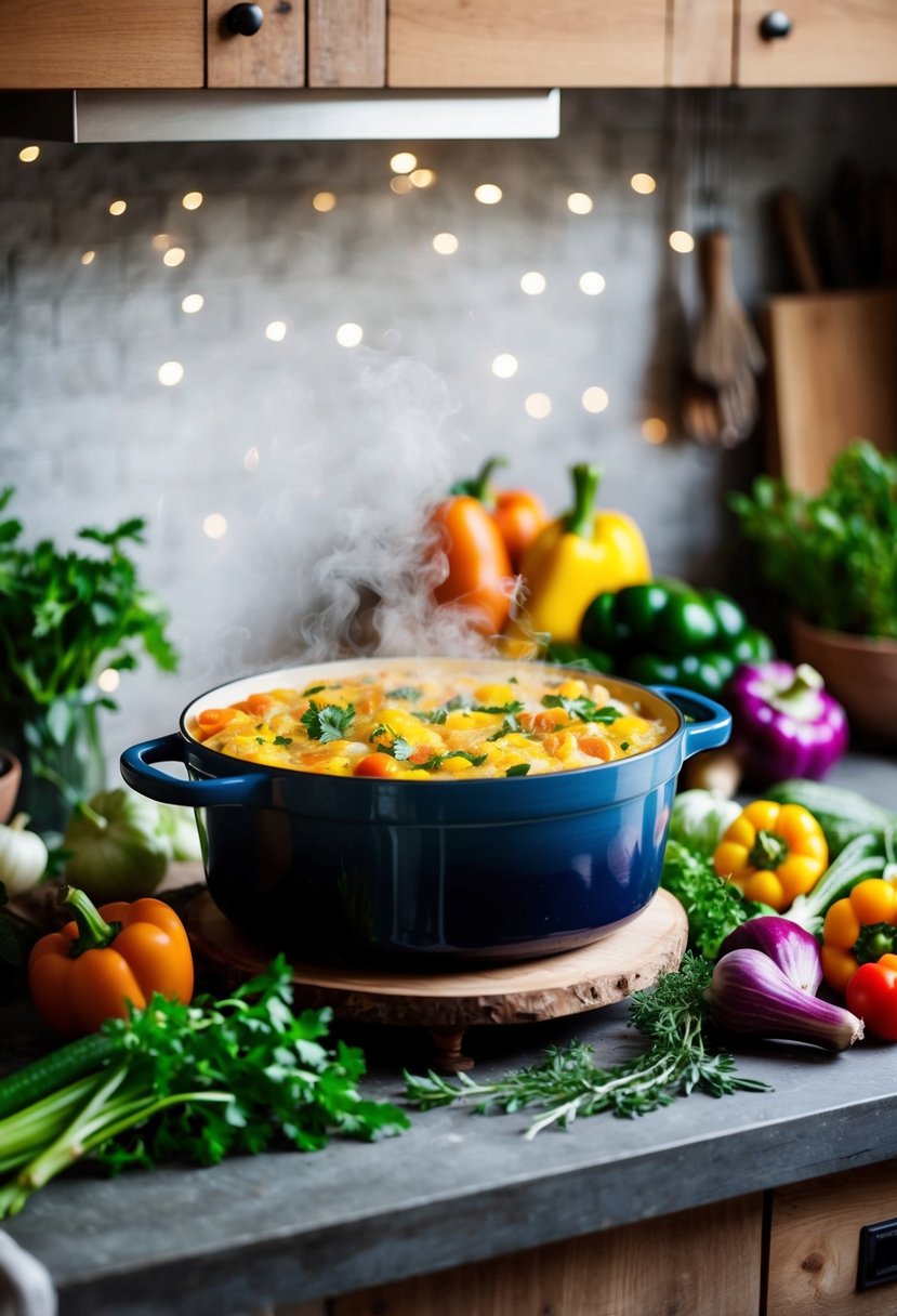 A bubbling Dutch oven surrounded by fresh vegetables and herbs on a rustic kitchen counter