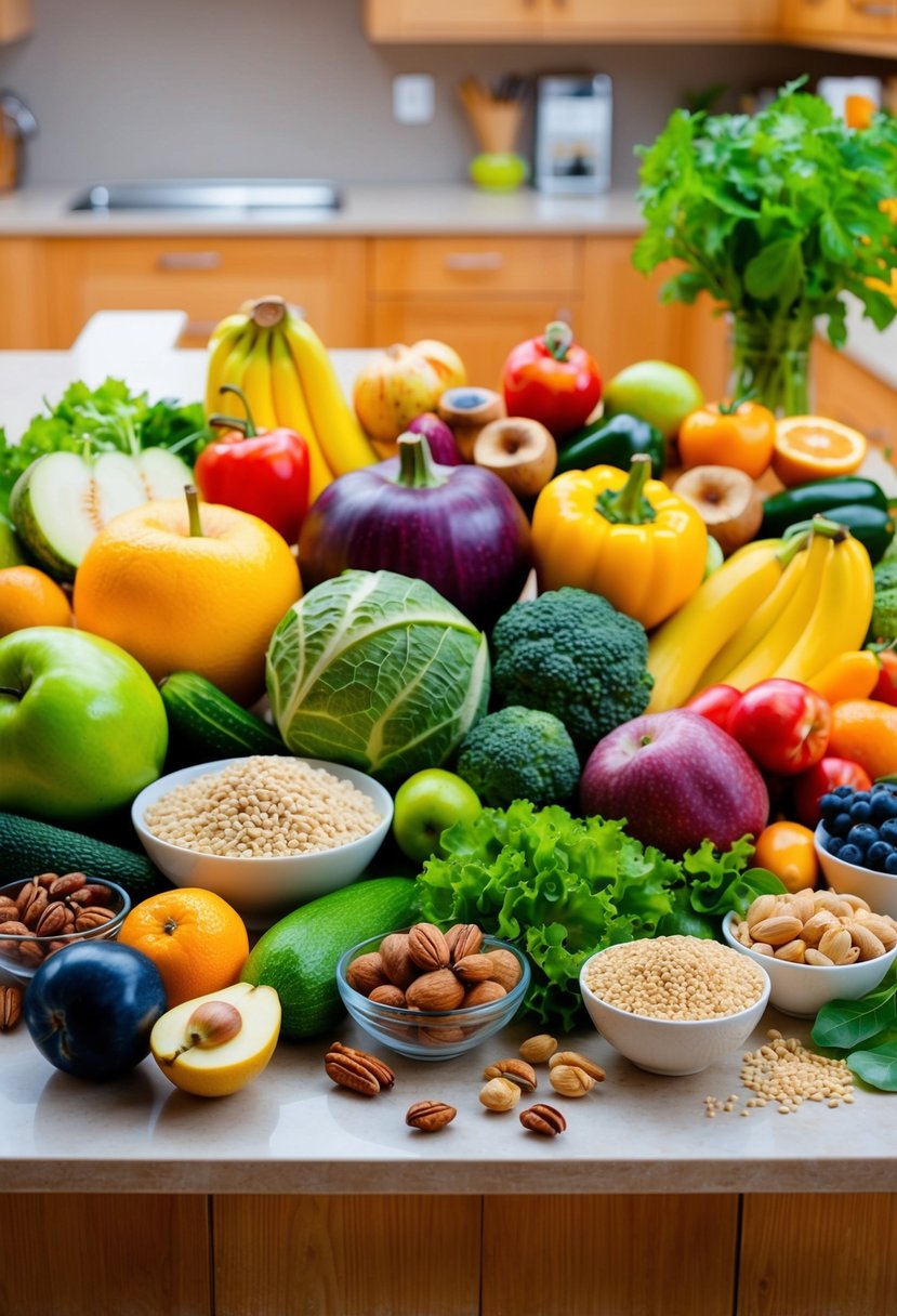 A colorful array of fresh fruits, vegetables, nuts, and grains arranged on a clean, wooden kitchen counter