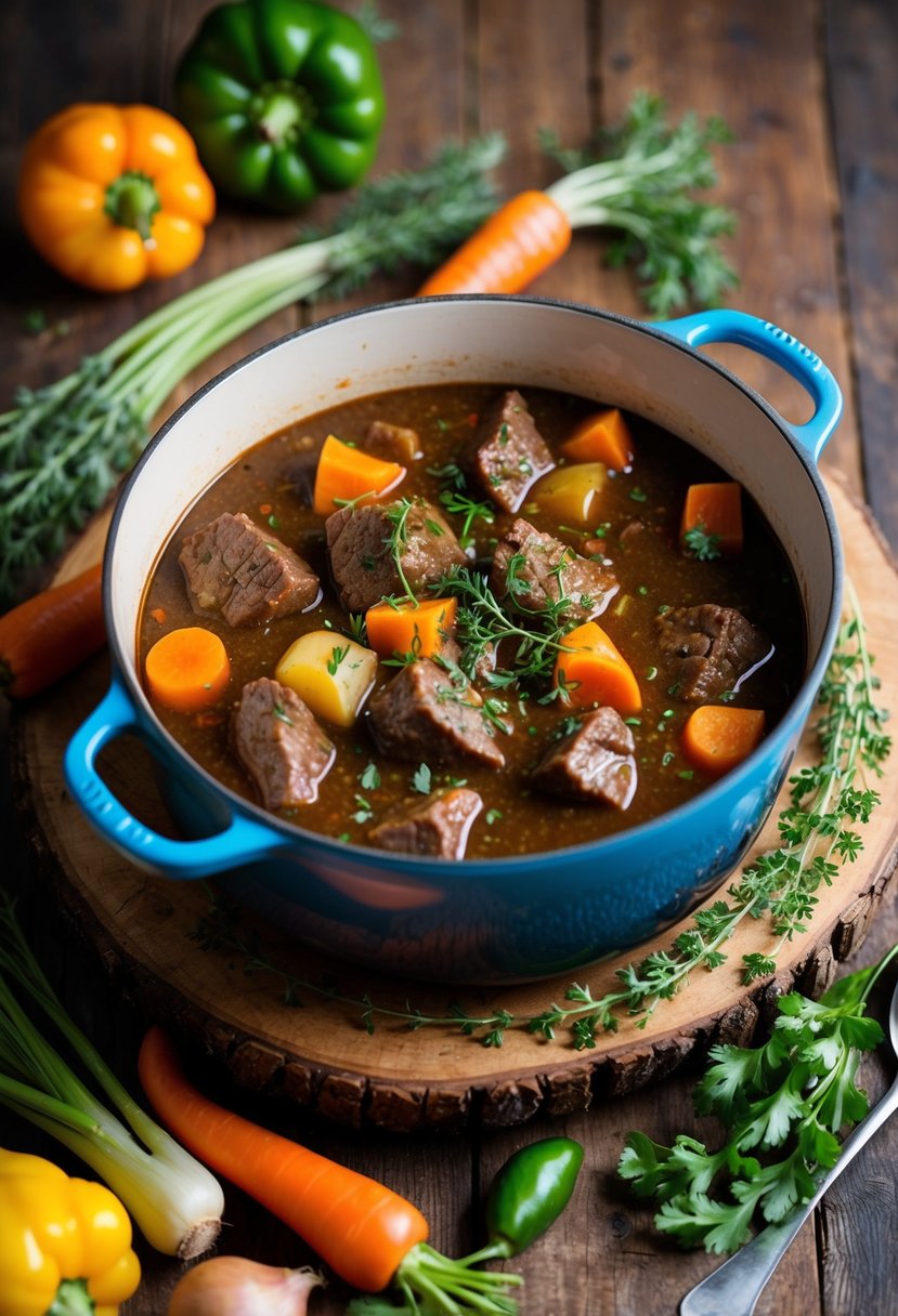 A bubbling Dutch oven filled with classic beef stew, surrounded by colorful vegetables and herbs on a rustic wooden table