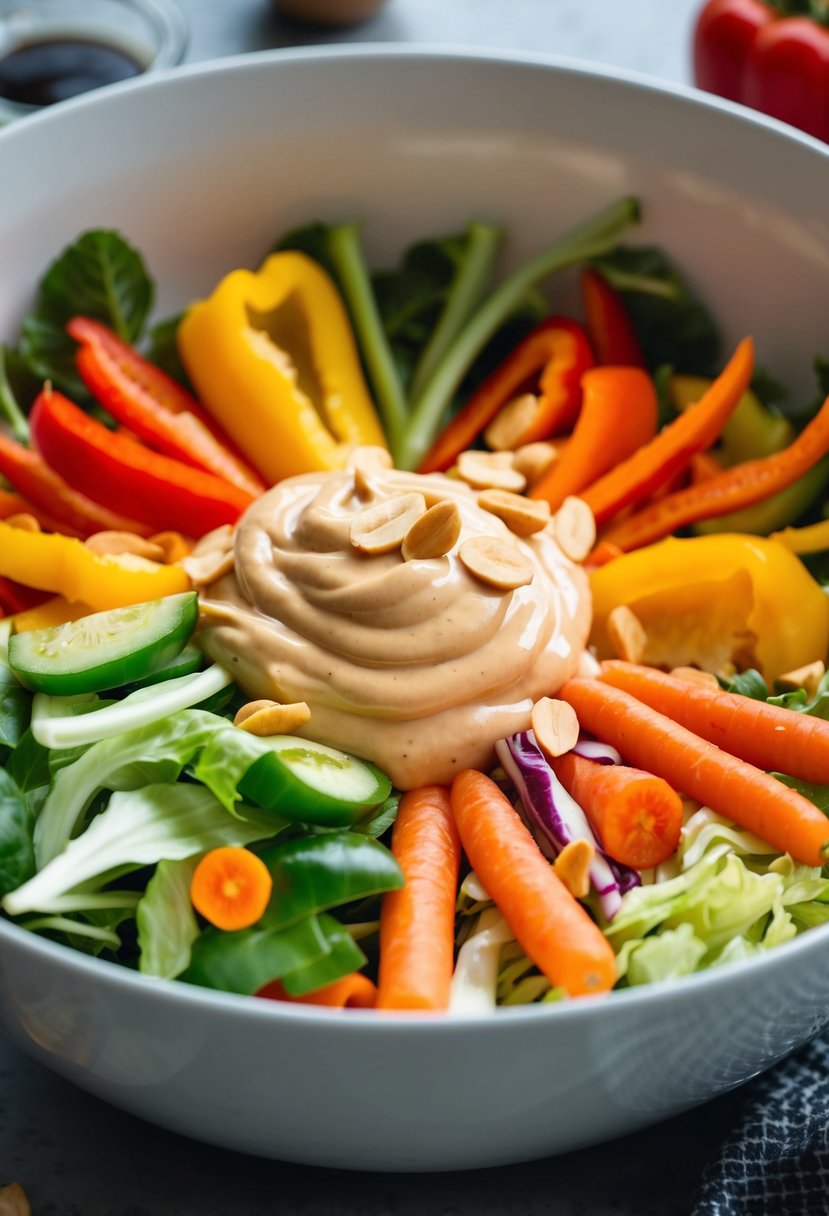 A colorful array of fresh vegetables, including bell peppers, carrots, and cabbage, mixed with a creamy peanut dressing in a large salad bowl