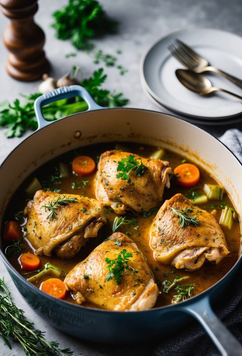 Chicken thighs simmer in a dutch oven with aromatic herbs, vegetables, and a rich, savory sauce