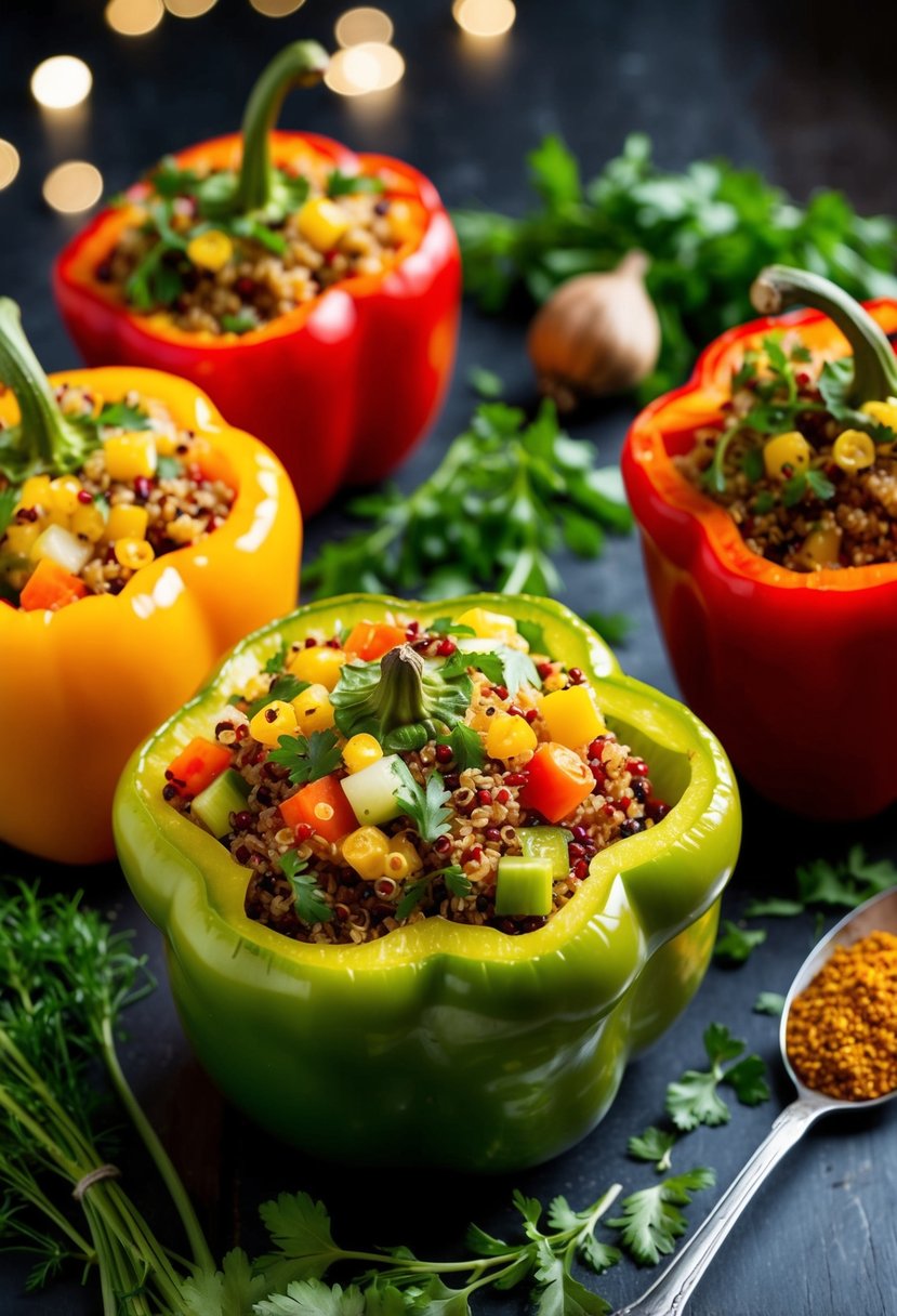 Colorful bell peppers stuffed with quinoa and vegetables, surrounded by fresh herbs and spices