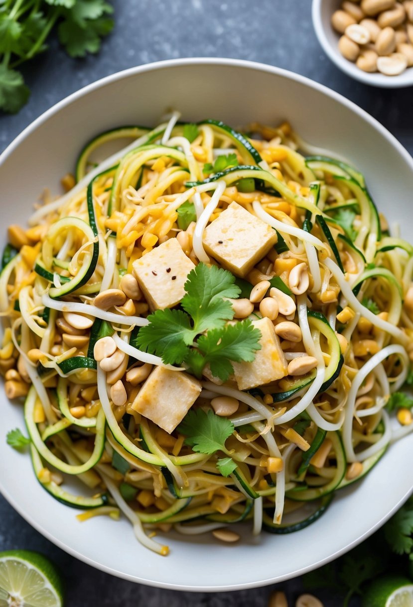 A colorful array of zucchini noodles, bean sprouts, tofu, and peanuts tossed in a savory pad Thai sauce, garnished with fresh cilantro and lime