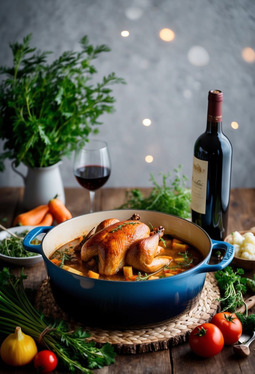 A rustic kitchen scene with a bubbling Coq au Vin in a Dutch oven, surrounded by fresh herbs, vegetables, and a bottle of red wine