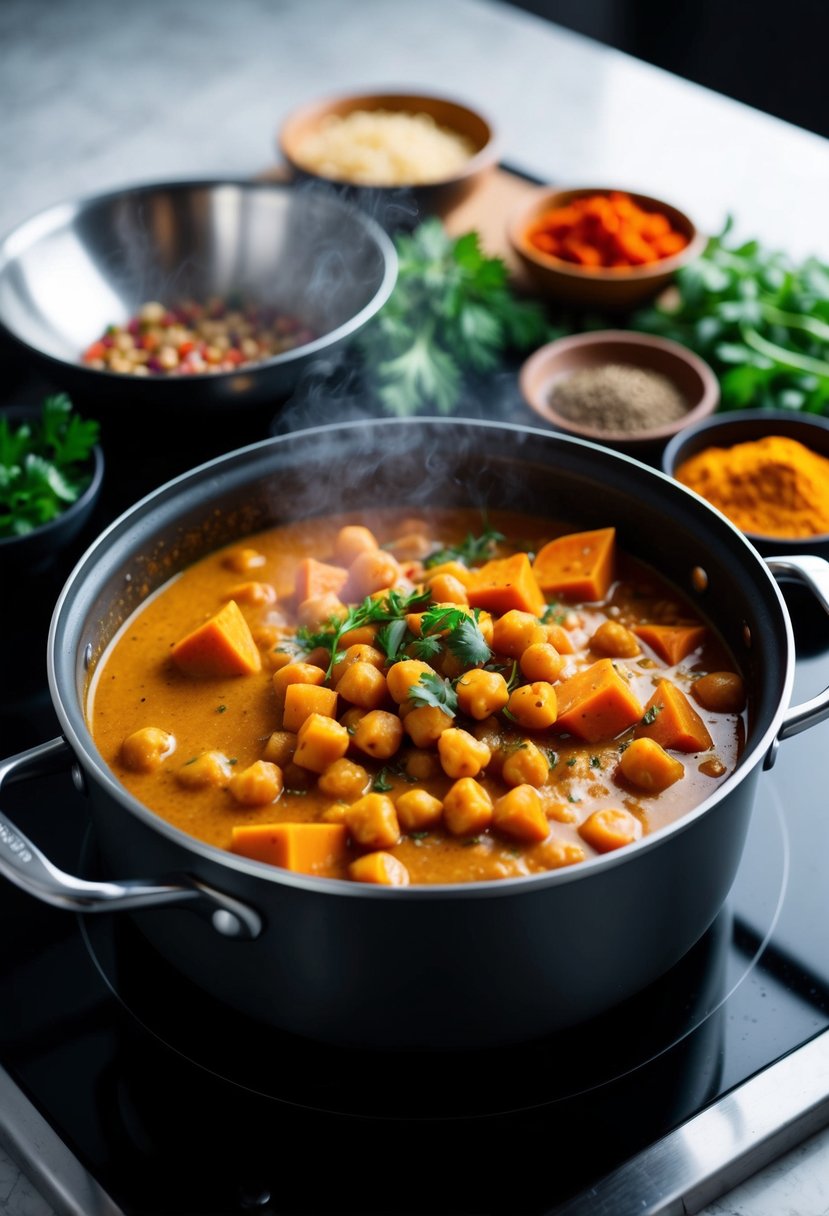 A steaming pot of sweet potato chickpea curry simmering on a stovetop, surrounded by colorful spices and fresh herbs