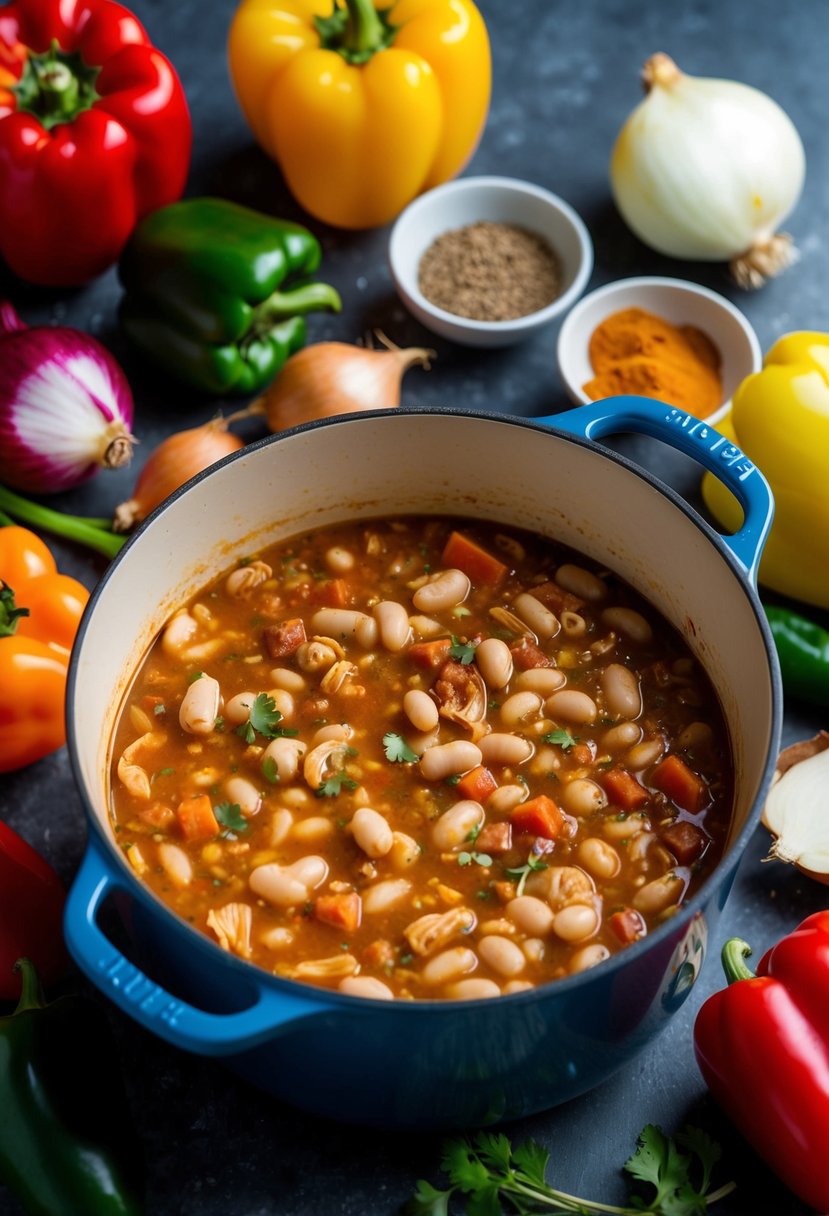 A bubbling dutch oven filled with white bean chicken chili, surrounded by colorful ingredients like bell peppers, onions, and spices