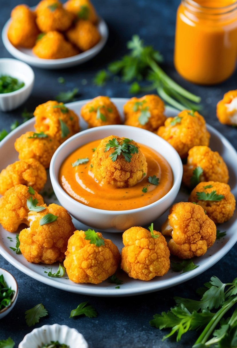 A platter of crispy cauliflower buffalo bites surrounded by dipping sauce and garnished with fresh herbs