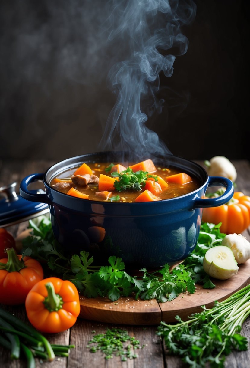 A steaming Dutch oven filled with hearty Irish stew surrounded by rustic vegetables and a sprinkling of fresh herbs