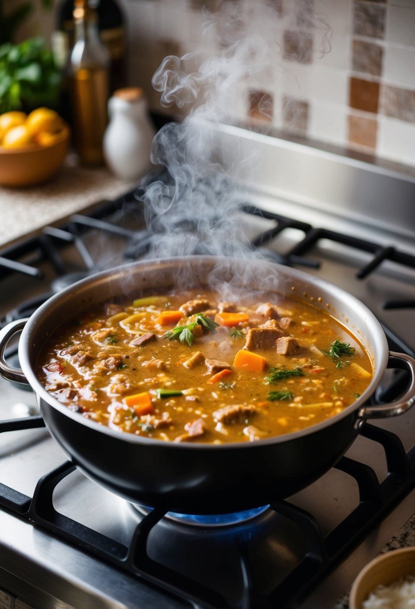 A bubbling pot of gumbo simmers on a stovetop, steam rising as the rich, savory aroma fills the kitchen. Various vegetables, meats, and spices are visible in the pot