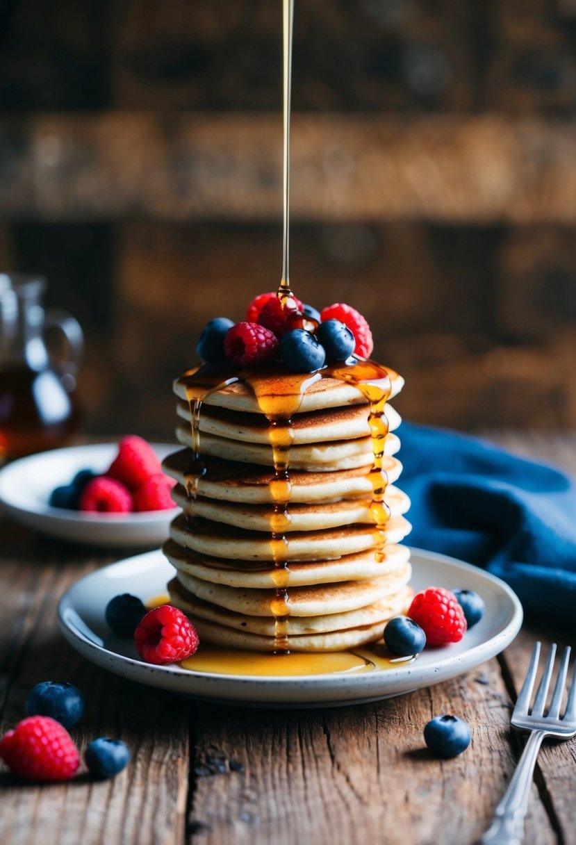 A stack of almond flour pancakes topped with fresh berries and drizzled with maple syrup on a rustic wooden table