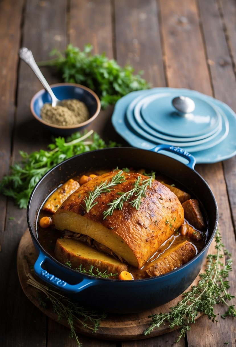 A dutch oven filled with slow-cooked pernil, surrounded by aromatic herbs and spices on a rustic wooden table