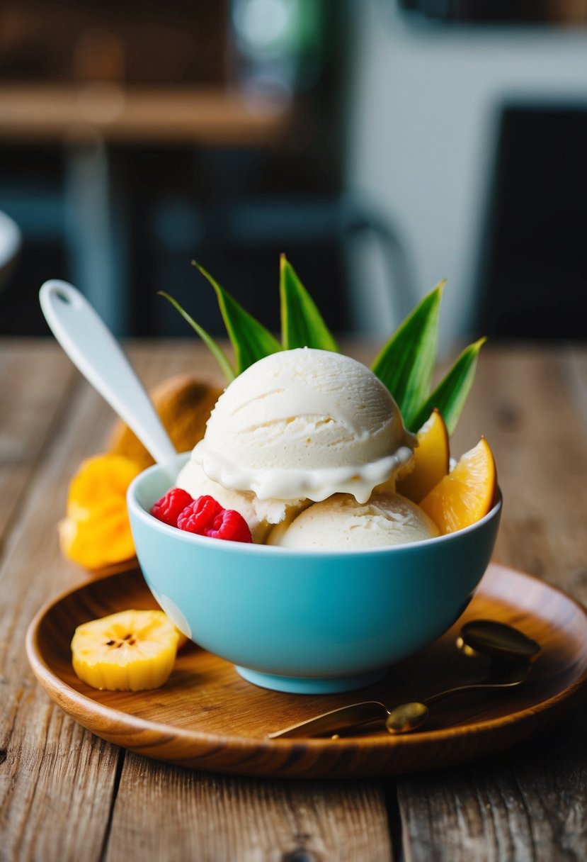 A bowl of coconut milk ice cream with fresh fruit toppings on a wooden table