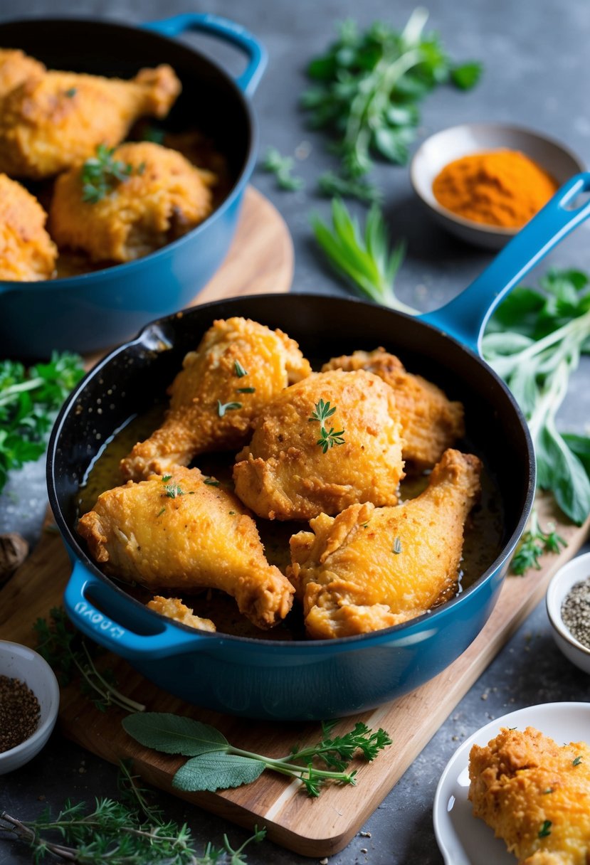 A dutch oven filled with sizzling sage fried chicken, golden and crispy, surrounded by fresh herbs and spices