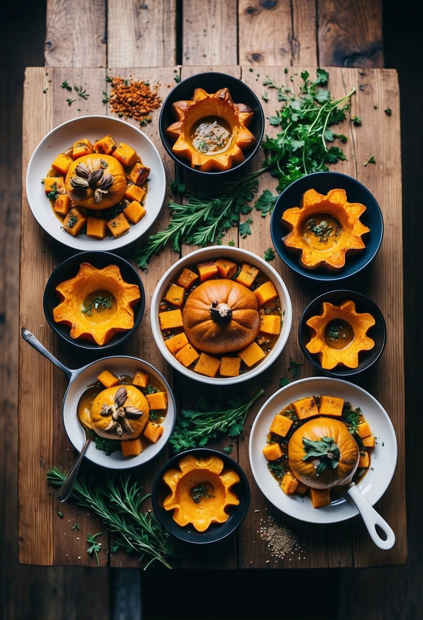 A rustic wooden table with a variety of roasted butternut squash dishes, surrounded by scattered fresh herbs and spices