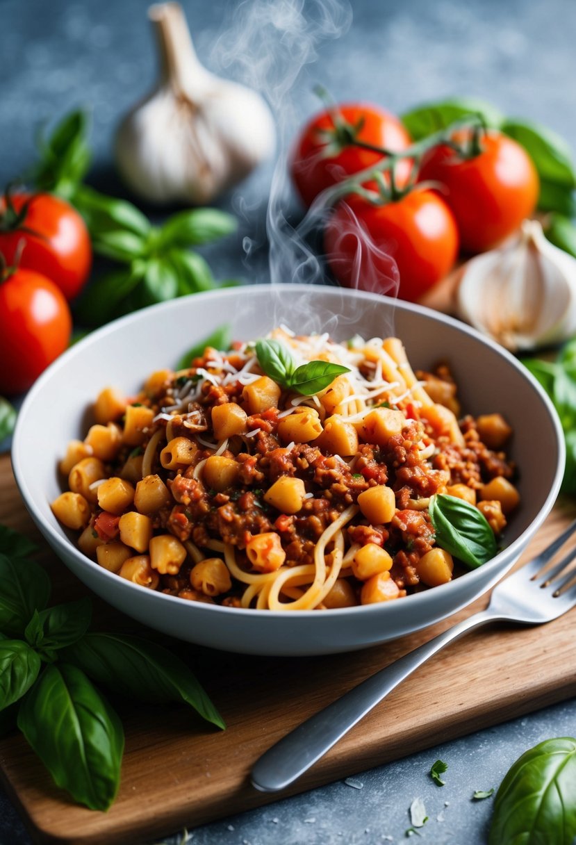 A steaming bowl of chickpea pasta bolognese surrounded by fresh ingredients like tomatoes, basil, and garlic