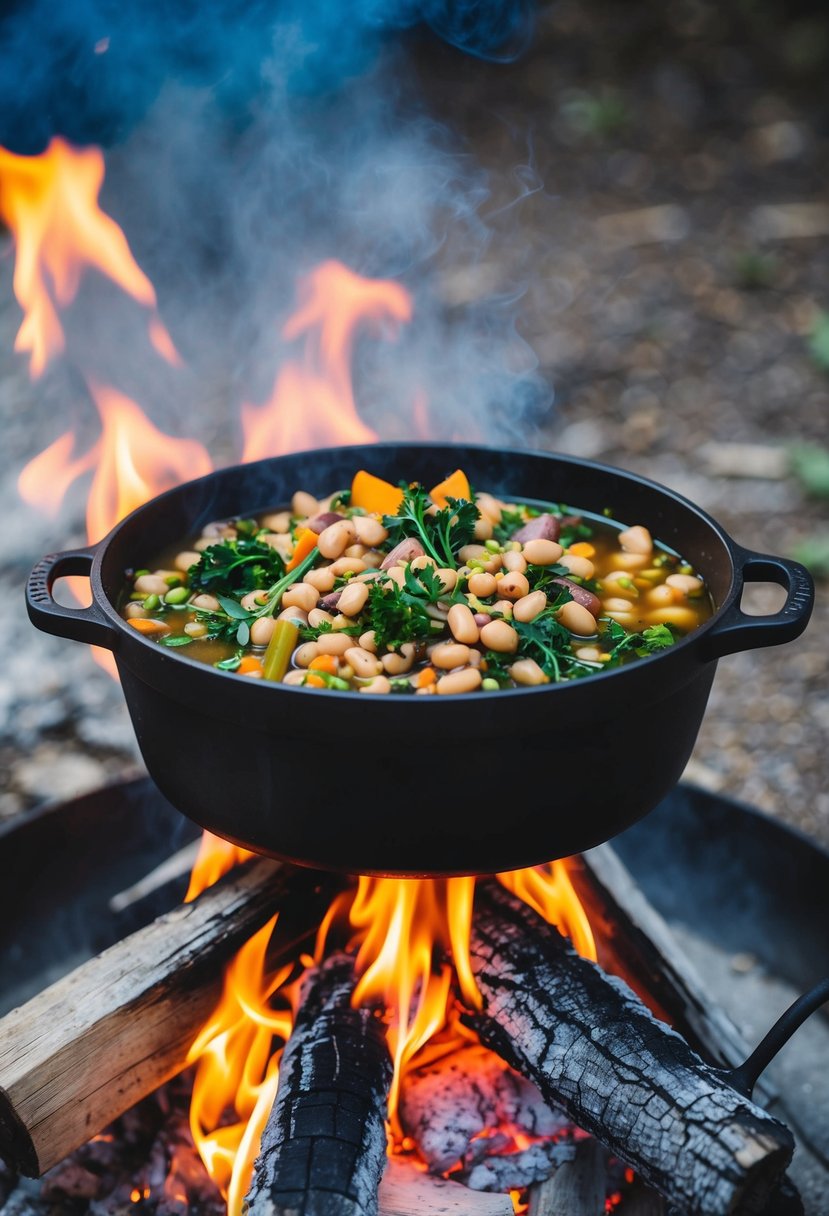 A rustic dutch oven sits atop a crackling campfire, filled with a colorful mix of beans, greens, and grains simmering in savory broth