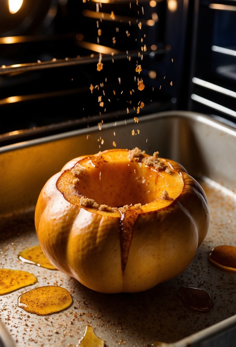 A golden butternut squash, sprinkled with cinnamon and drizzled with maple syrup, roasting in the oven