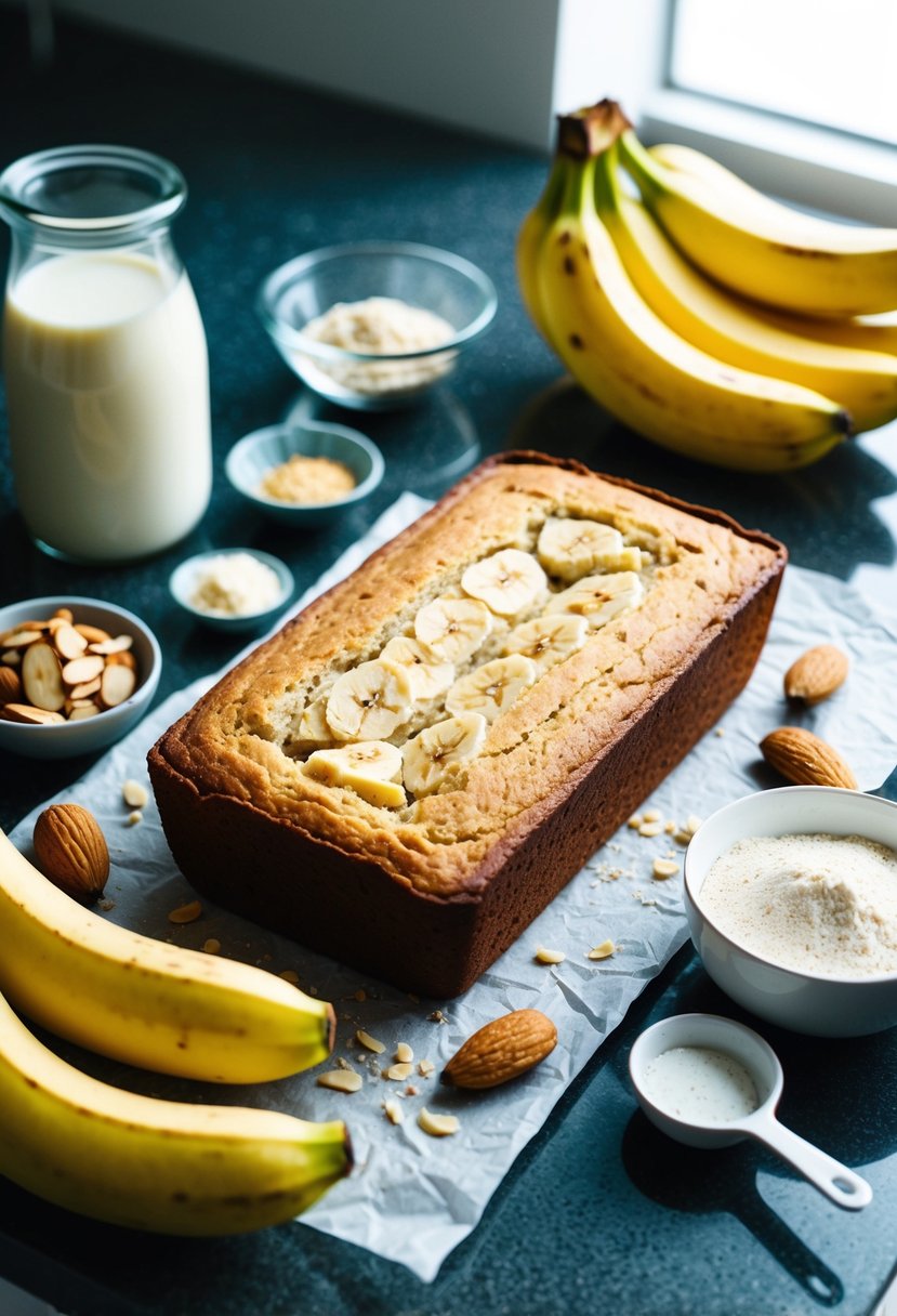 A kitchen counter with a freshly baked loaf of gluten-free banana bread, surrounded by ingredients like bananas, almond flour, and dairy-free milk