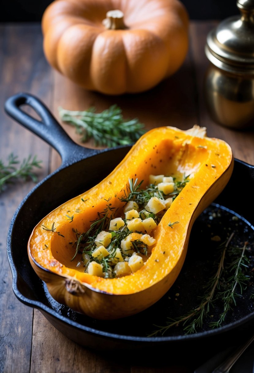 A golden butternut squash, halved and filled with savory herbs, roasting in a cast iron skillet