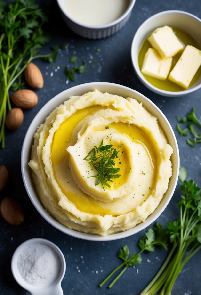 A bowl of creamy mashed potatoes surrounded by dairy-free ingredients like almond milk, vegan butter, and fresh herbs