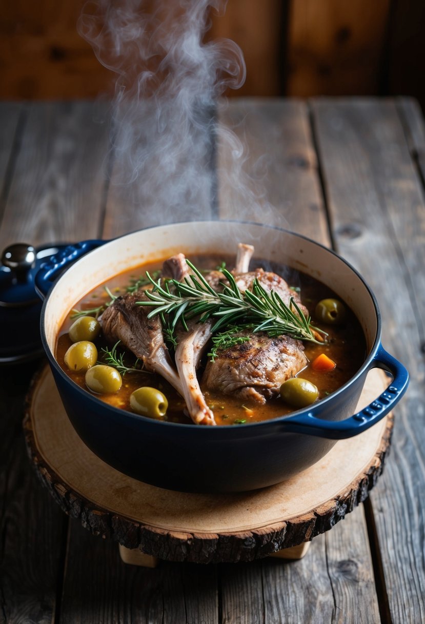 A rustic dutch oven sits atop a wooden table, filled with lamb stew, rosemary sprigs, and olives, steam rising from the hearty dish