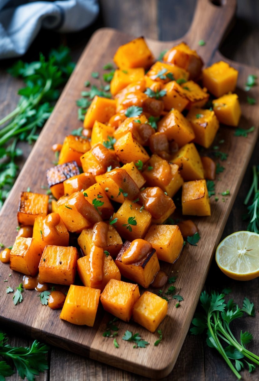 A rustic wooden cutting board with roasted butternut squash cubes, drizzled with spicy chipotle sauce, surrounded by scattered fresh herbs