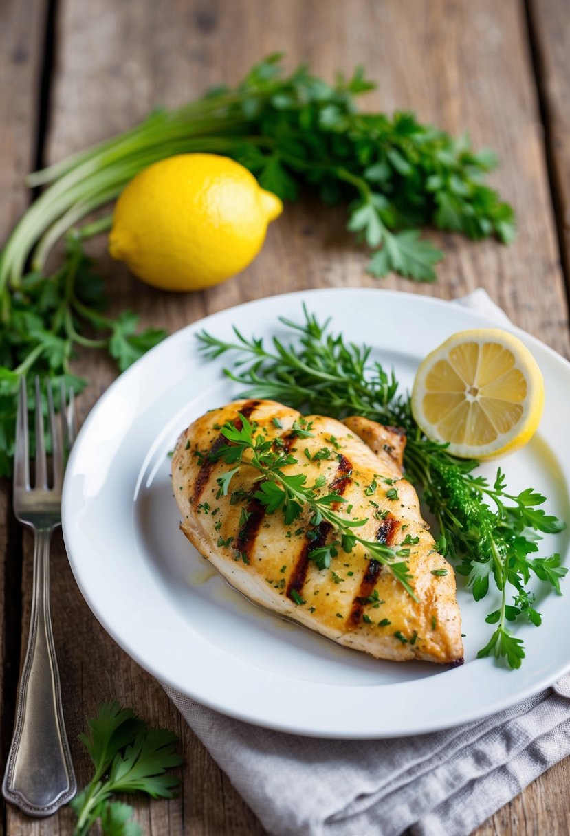 A plate of lemon herb grilled chicken with fresh herbs and a lemon wedge on a rustic wooden table