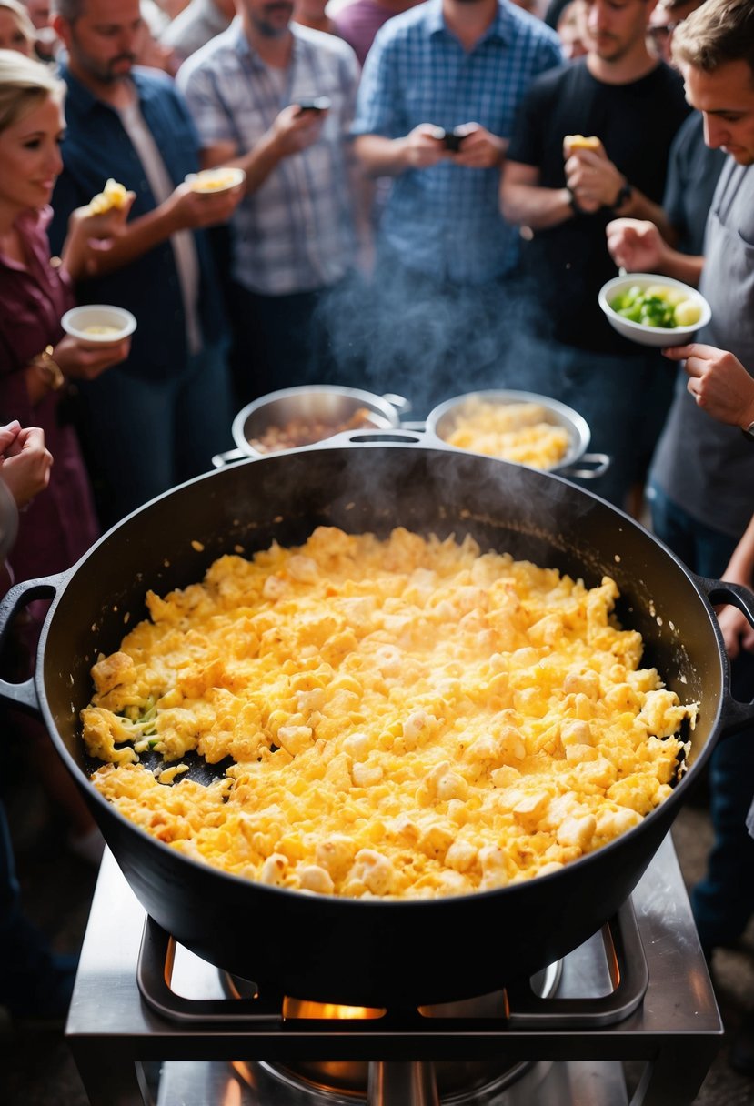 A large dutch oven filled with sizzling scrambled eggs, surrounded by a crowd of hungry onlookers