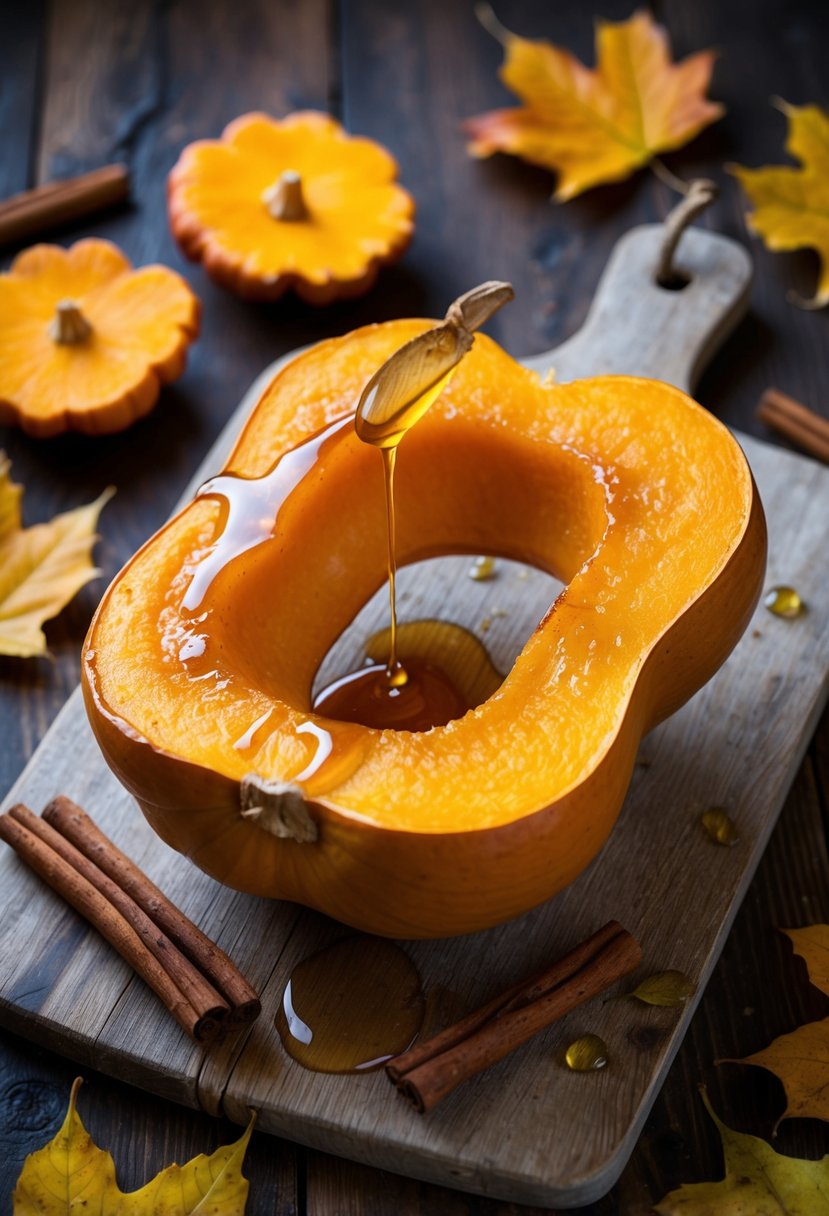 A golden-brown butternut squash, drizzled with honey glaze, sits on a rustic wooden cutting board surrounded by autumn leaves and cinnamon sticks