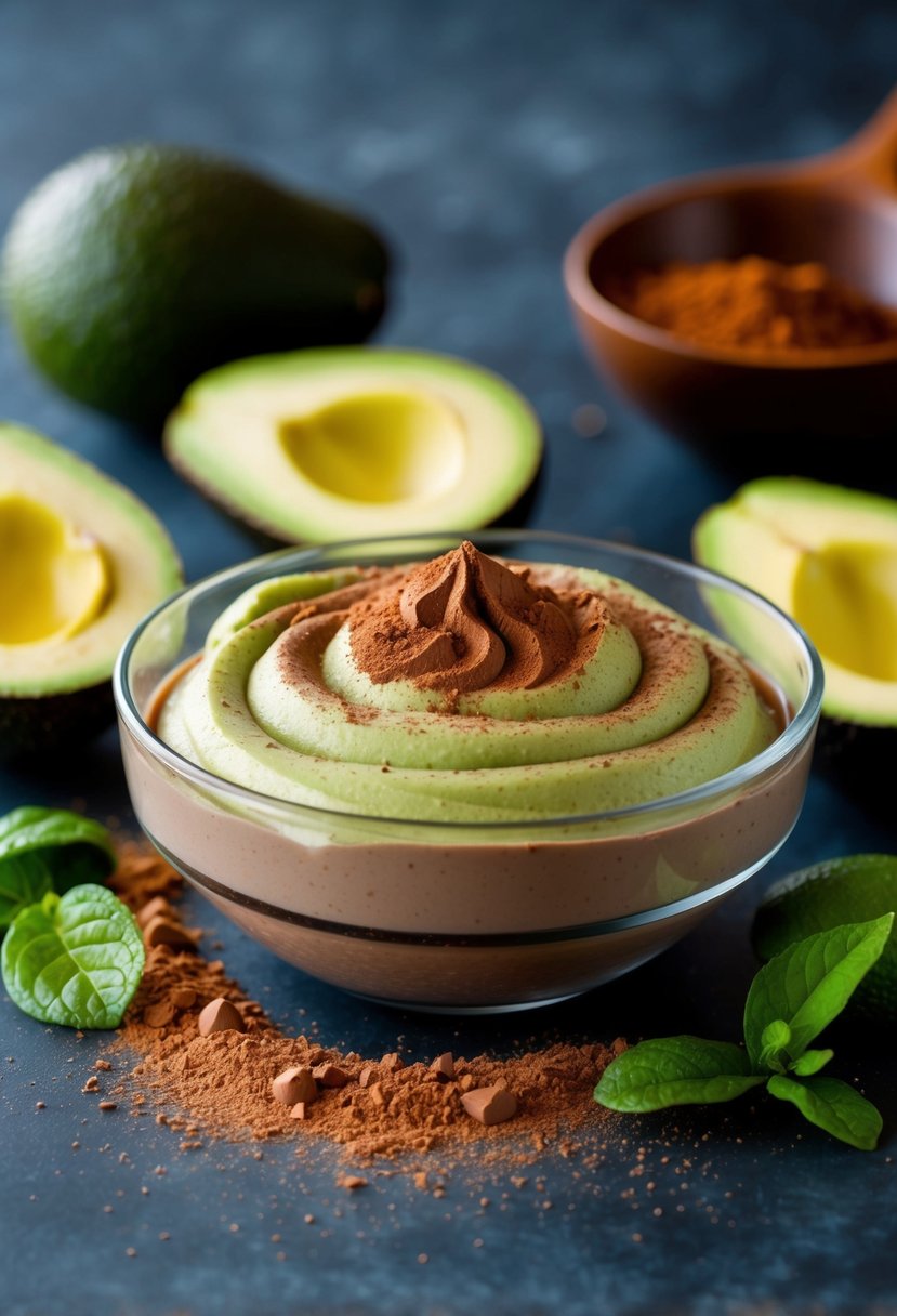 A bowl of avocado chocolate mousse surrounded by fresh avocados and cocoa powder